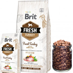 Холистична суха храна Brit Fresh Turkey with Pea Adult Fit & Slim за кучета склонни към наднормено тегло, с прясно пуешко месо и грах